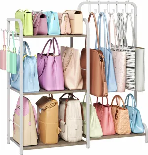 Purse Organizer with Purse Hanger and Purse Hooks for Bag Organizer, High-Capacity Purse Storage with Adjustable Hooks, Floor-Standing 3-Tier Purse Rack for Closet, Ironwood Purse Holder, White