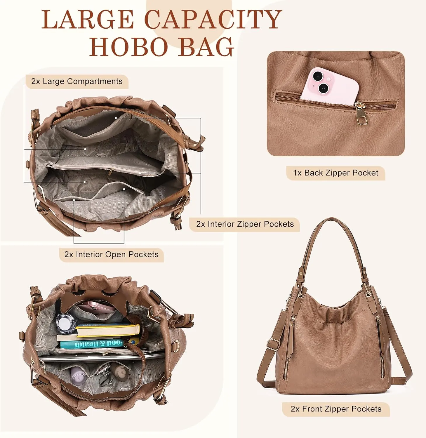 Purses and Handbags, Large Size Faux Leather Hobo Style Handbags for Women, Shoulder Bag with Removable Strap