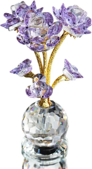 QFkris Purple Crystal Rose Flower Figurine Collectible Statue Glass Flowers with Stems Ornament Home Decor for Thanksgiving,Christmas,Wedding,Mothers Day,Centerpiece,Gift for Women