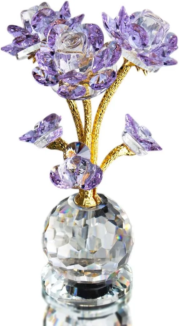 QFkris Purple Crystal Rose Flower Figurine Collectible Statue Glass Flowers with Stems Ornament Home Decor for Thanksgiving,Christmas,Wedding,Mothers Day,Centerpiece,Gift for Women
