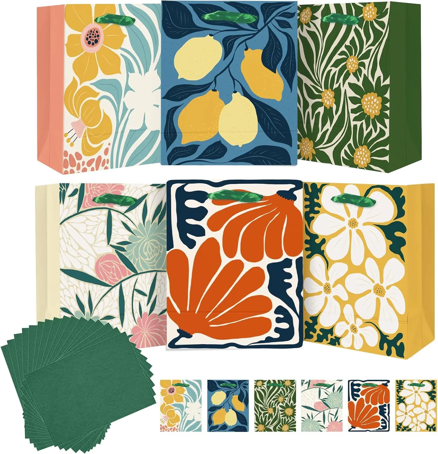 qiqee 7.9"x4.3"x9.6" 6PCS Clash Flowers Paper Gift Bags with Tissue Paper Handles Medium Size Bags（6pcs Bags  18pcs Tissue Paper ）