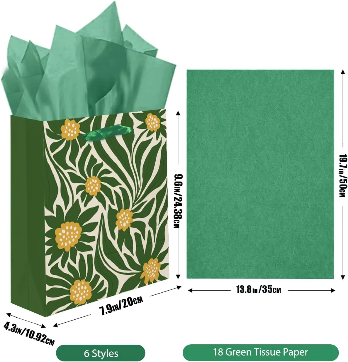 qiqee 7.9"x4.3"x9.6" 6PCS Clash Flowers Paper Gift Bags with Tissue Paper Handles Medium Size Bags（6pcs Bags  18pcs Tissue Paper ）