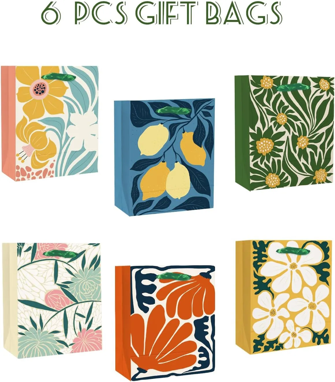 qiqee 7.9"x4.3"x9.6" 6PCS Clash Flowers Paper Gift Bags with Tissue Paper Handles Medium Size Bags（6pcs Bags  18pcs Tissue Paper ）