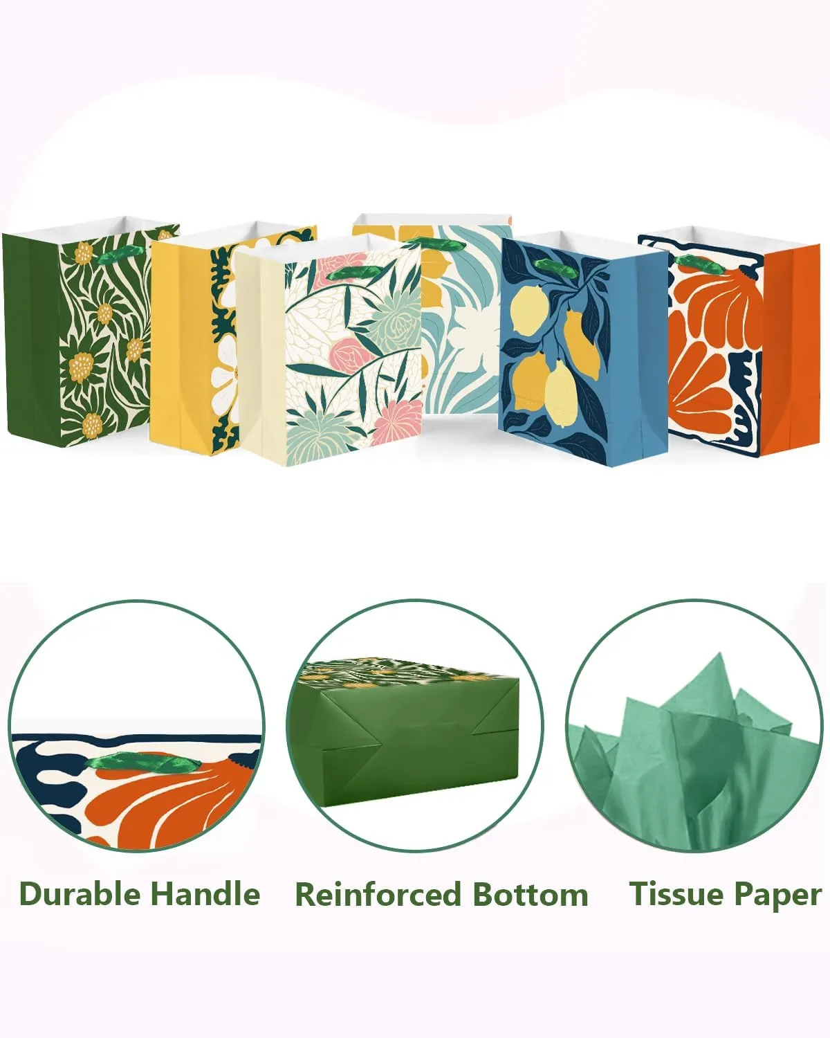 qiqee 7.9"x4.3"x9.6" 6PCS Clash Flowers Paper Gift Bags with Tissue Paper Handles Medium Size Bags（6pcs Bags  18pcs Tissue Paper ）