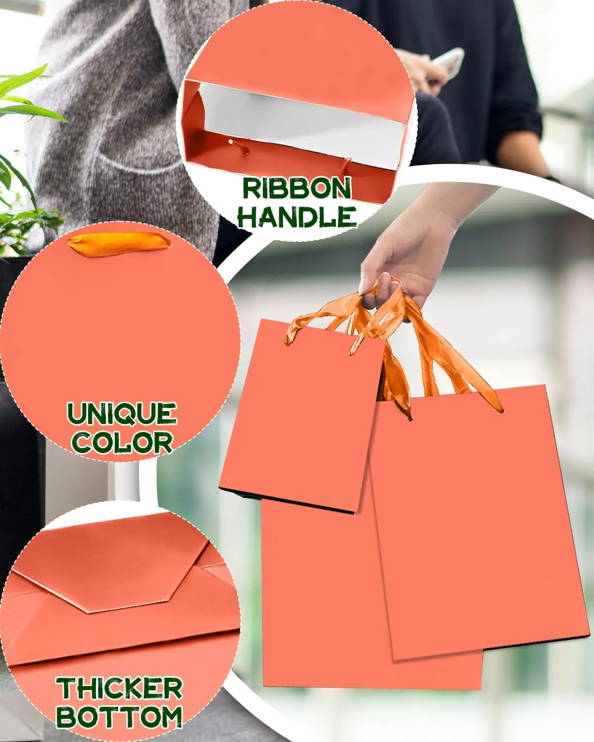 qiqee Bright Orange Gift Bags with Tissue Paper Mulit Assorted Sizes 10PCS Present Party Favor Birthday Bags(2pcs Large 13", 4pcs Medium 9", 4pcs Small 6" Bags，30pcs Tissue Paper)