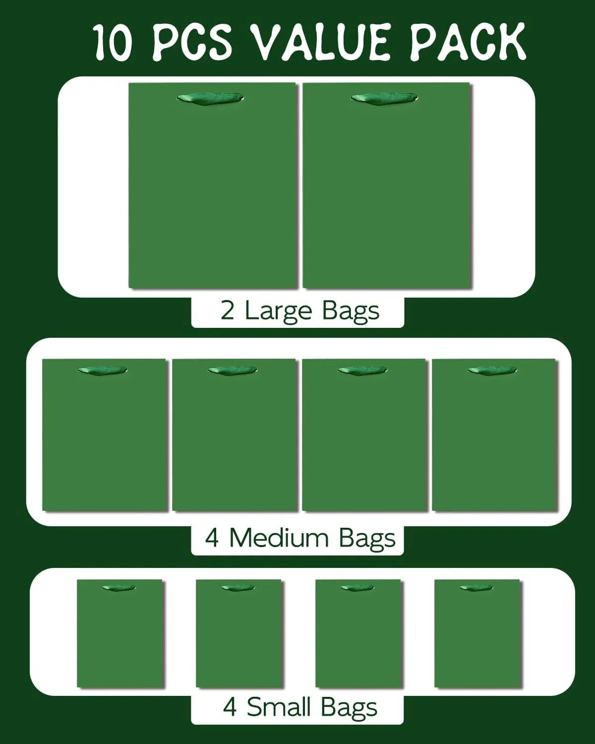 qiqee Deep Green Gift Bags with Tissue Paper Mulit Assorted Sizes 10PCS Present Party Favor Birthday Bags(2pcs Large 13", 4pcs Medium 9", 4pcs Small 6"，30pcs Tissue Paper)