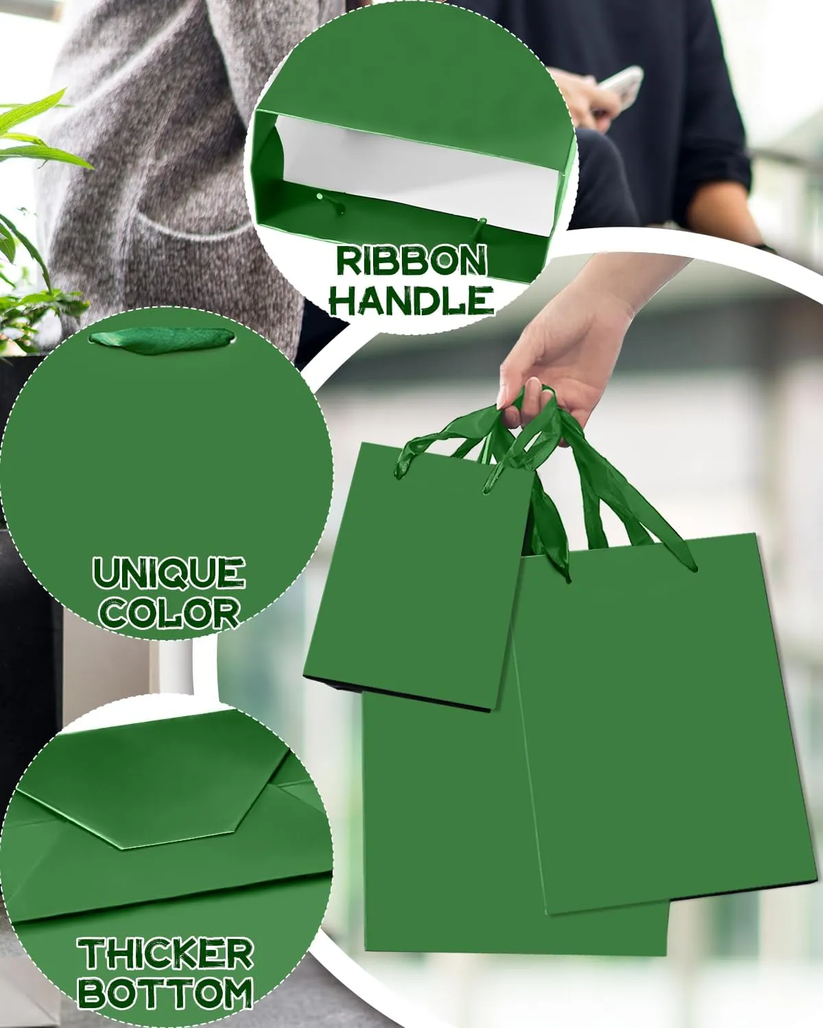 qiqee Deep Green Gift Bags with Tissue Paper Mulit Assorted Sizes 10PCS Present Party Favor Birthday Bags(2pcs Large 13", 4pcs Medium 9", 4pcs Small 6"，30pcs Tissue Paper)