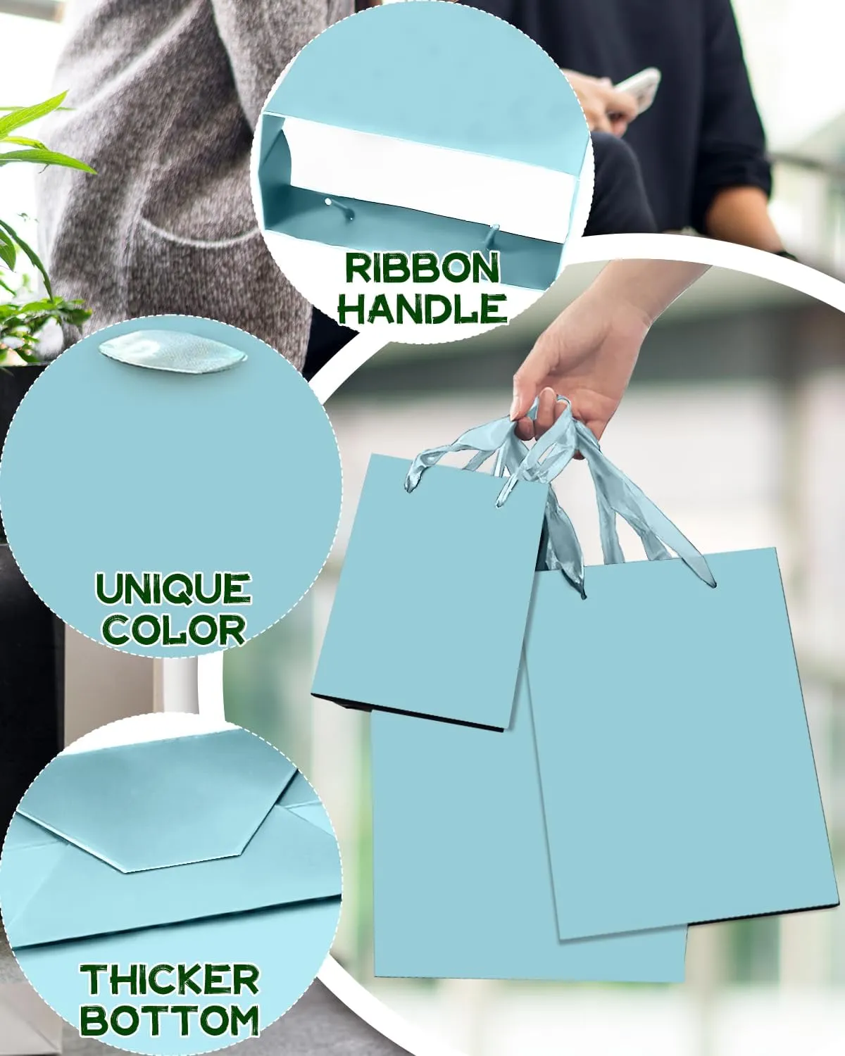 qiqee Lake Blue Gift Bags with Tissue Paper Mulit Assorted Sizes 10PCS Present Party Favor Birthday Bags(2pcs Large 13", 4pcs Medium 9", 4pcs Small 6" Bags，30pcs Tissue Paper)
