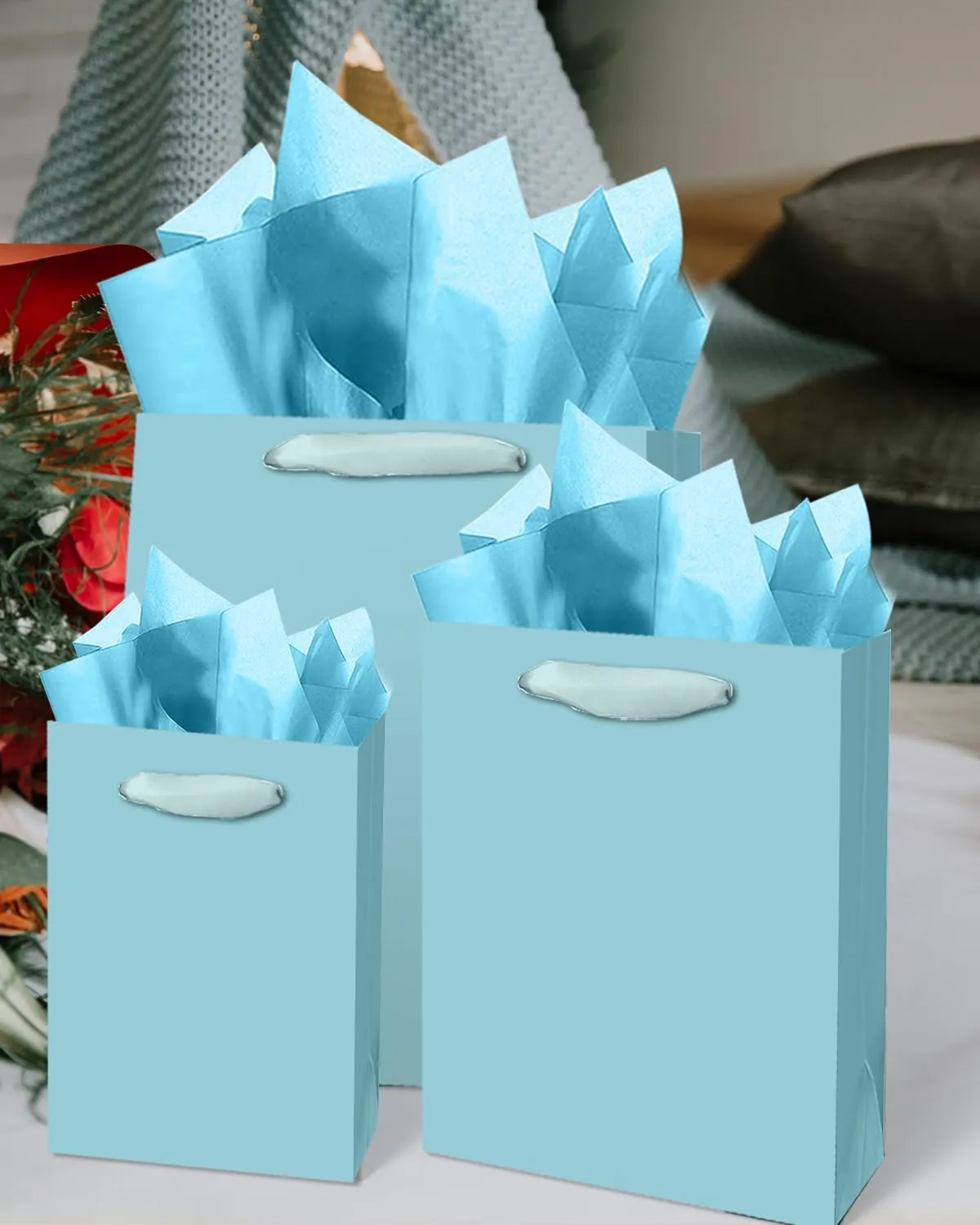 qiqee Lake Blue Gift Bags with Tissue Paper Mulit Assorted Sizes 10PCS Present Party Favor Birthday Bags(2pcs Large 13", 4pcs Medium 9", 4pcs Small 6" Bags，30pcs Tissue Paper)