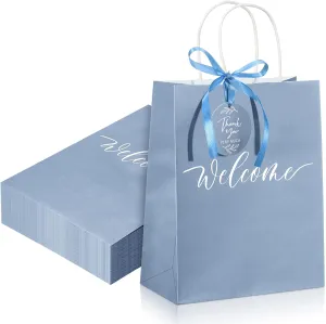Queekay 36 Pcs Welcome Paper Gift Bags with Handle 9.8 x 7.8 x 4 Inches with 36 Tags Wedding Party Favor Bridal Gift Bags for Guests Wedding Birthday Baby Shower Party Favors(Light Blue)