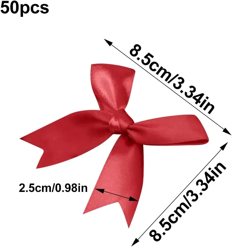 Queenbox 3.3x3.3in 50pcs Satin Gift Wrapping Bow, DIY Craft Ribbon Butterfly Knot for Box Sewing Clothing Hair Party Festival, Red