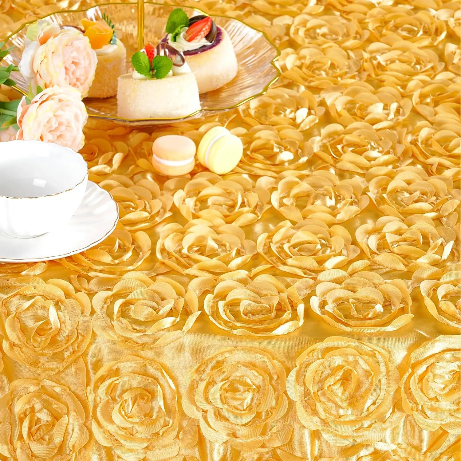QueenDream Gold Tablecloth 60 Inches Round Rosette Tablecloth 3D Floral Satin Table Cloths for Wedding Baby Shower Birthday Tea Party Cake Table Decor