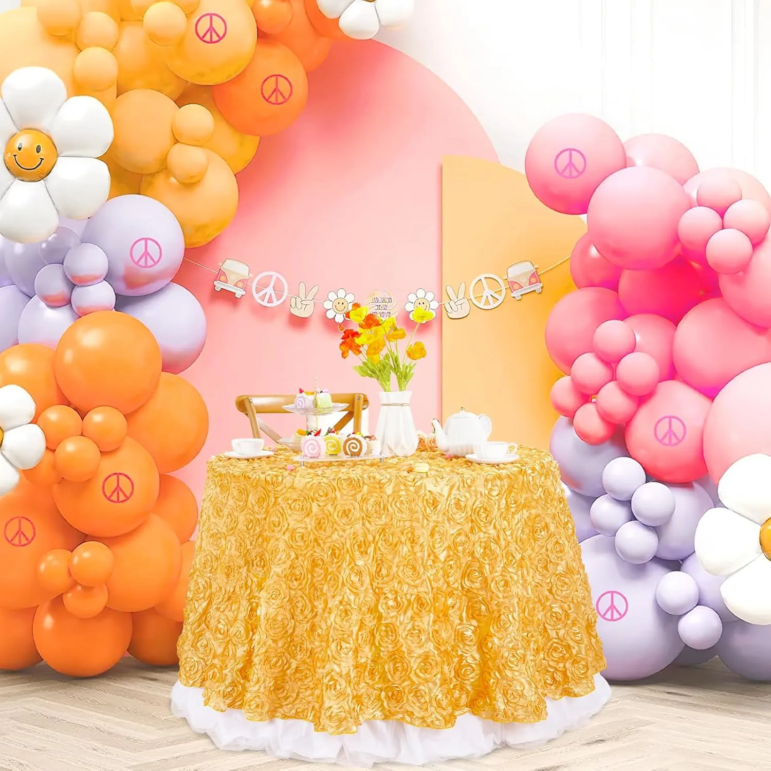 QueenDream Gold Tablecloth 60 Inches Round Rosette Tablecloth 3D Floral Satin Table Cloths for Wedding Baby Shower Birthday Tea Party Cake Table Decor
