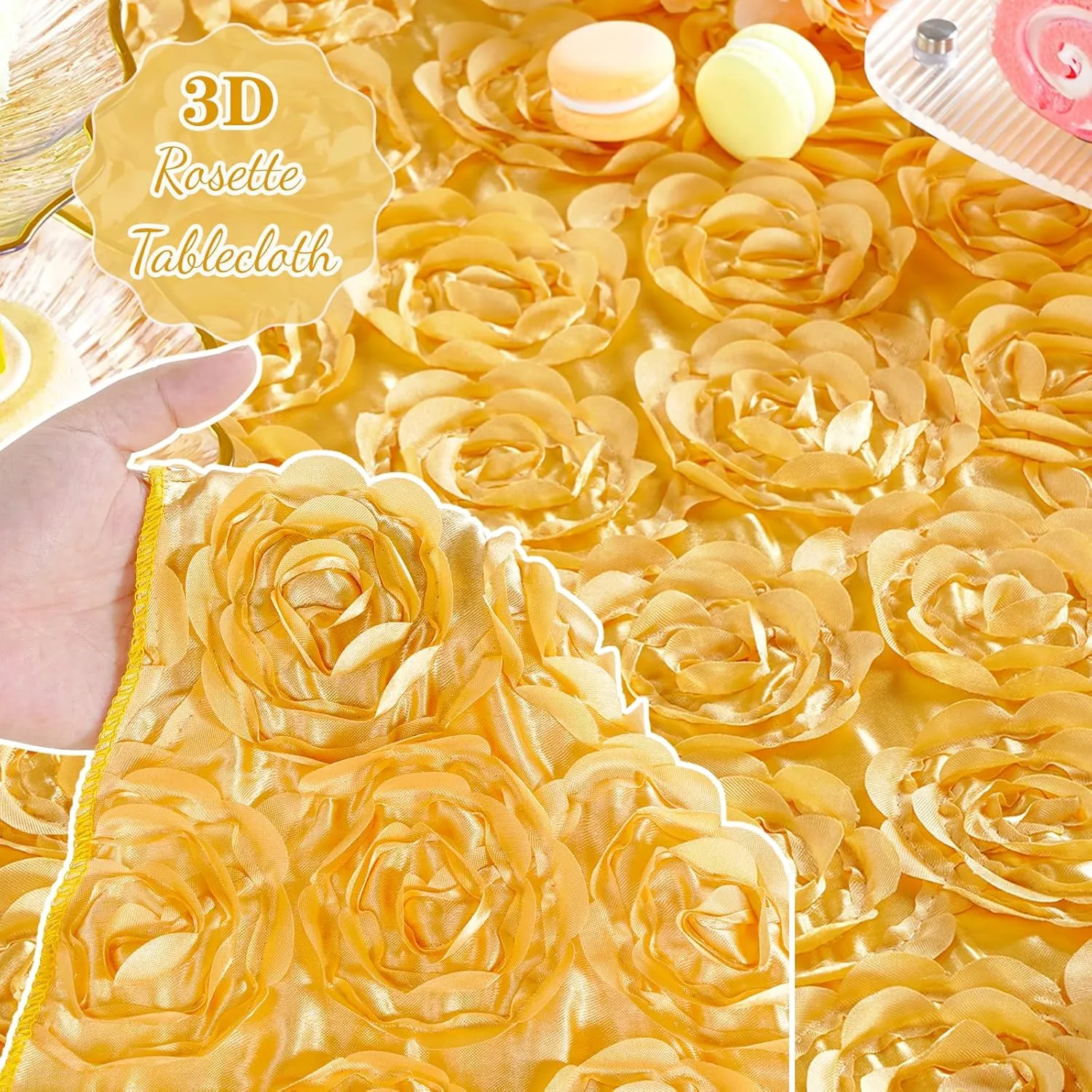 QueenDream Gold Tablecloth 60 Inches Round Rosette Tablecloth 3D Floral Satin Table Cloths for Wedding Baby Shower Birthday Tea Party Cake Table Decor