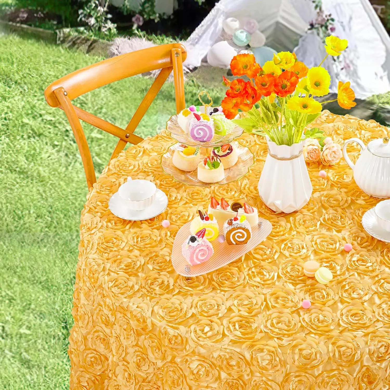 QueenDream Gold Tablecloth 60 Inches Round Rosette Tablecloth 3D Floral Satin Table Cloths for Wedding Baby Shower Birthday Tea Party Cake Table Decor