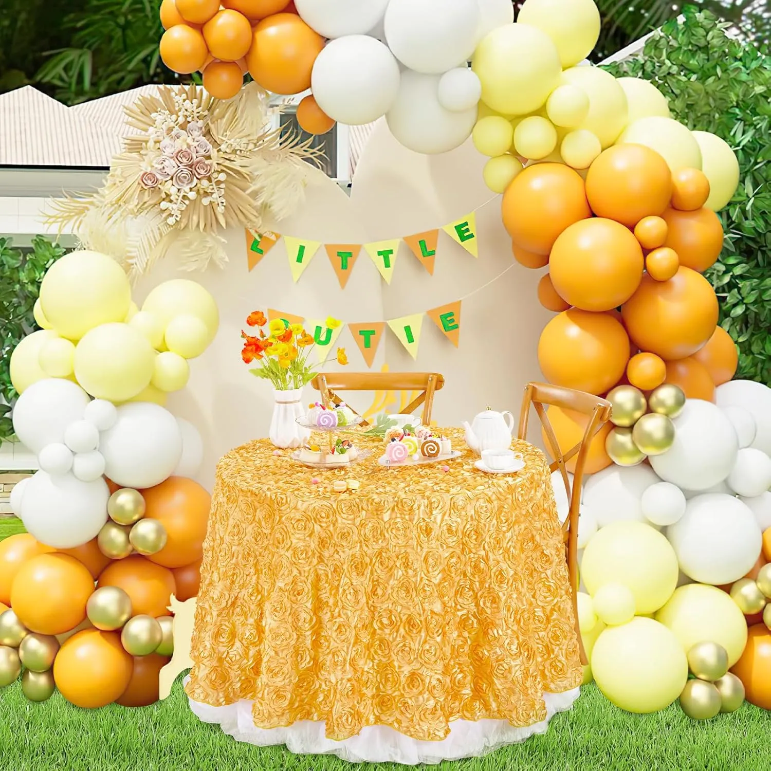 QueenDream Gold Tablecloth 60 Inches Round Rosette Tablecloth 3D Floral Satin Table Cloths for Wedding Baby Shower Birthday Tea Party Cake Table Decor