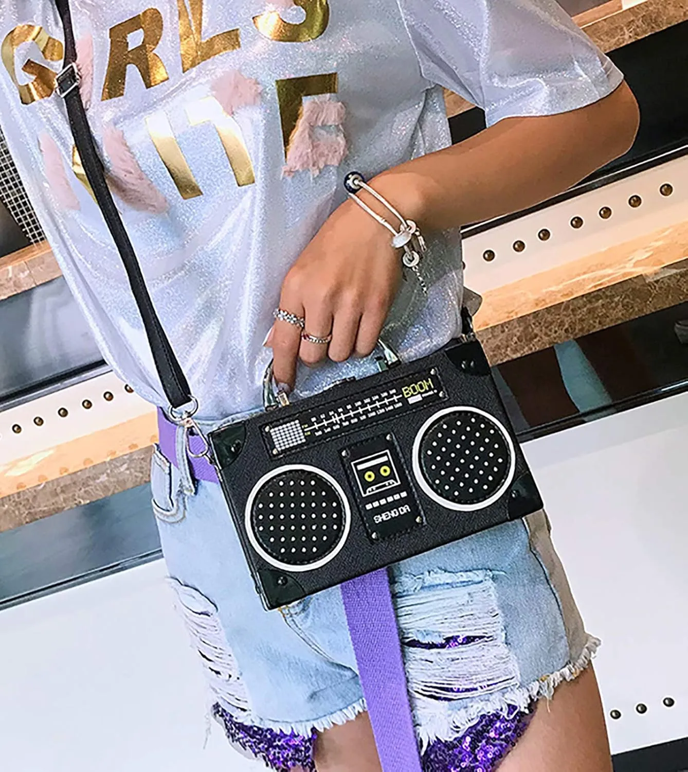 QZUnique Tape Shaped Shoulder Bag Radio Recorder PU Crossbody Bag Women's Retro Evening Bag Handbag Clutch Purse