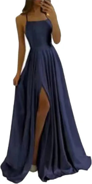 Raboolion Women's Spaghetti Straps Satin Prom Dresses Halter Backless Side Slit Bridesmaid Wedding Gowns Maxi Dress