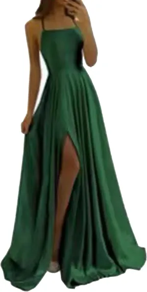 Raboolion Women's Spaghetti Straps Satin Prom Dresses Halter Backless Side Slit Bridesmaid Wedding Gowns Maxi Dress