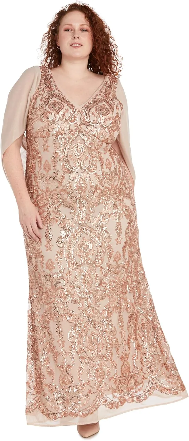 R&M Richards Elegant Beaded Long Gown W/Draped Sleeves & V-Neckline