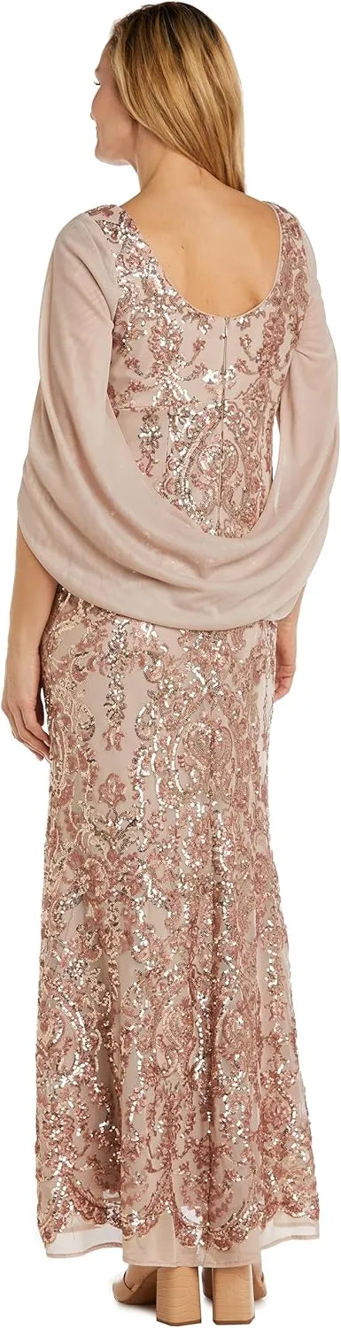 R&M Richards Elegant Beaded Long Gown W/Draped Sleeves & V-Neckline