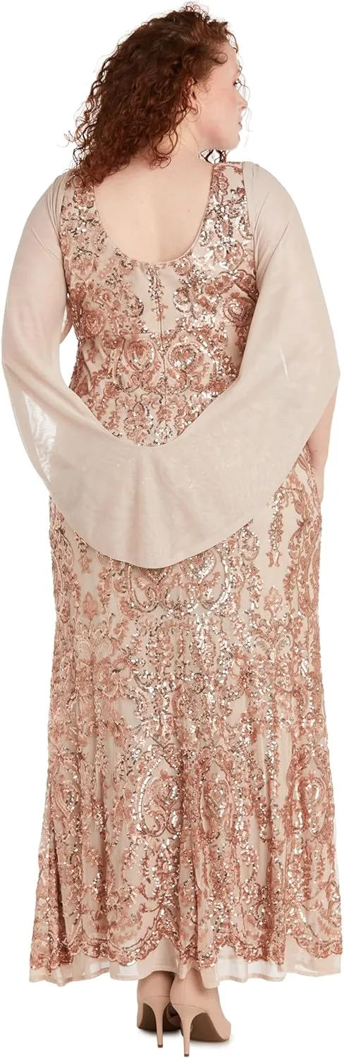 R&M Richards Elegant Beaded Long Gown W/Draped Sleeves & V-Neckline