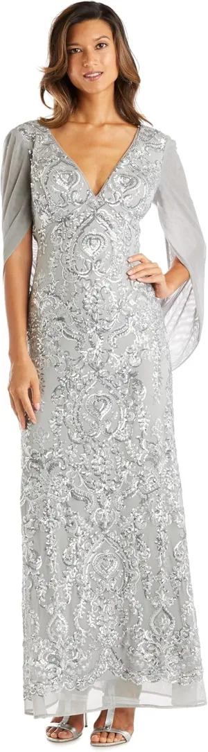 R&M Richards Elegant Beaded Long Gown W/Draped Sleeves & V-Neckline