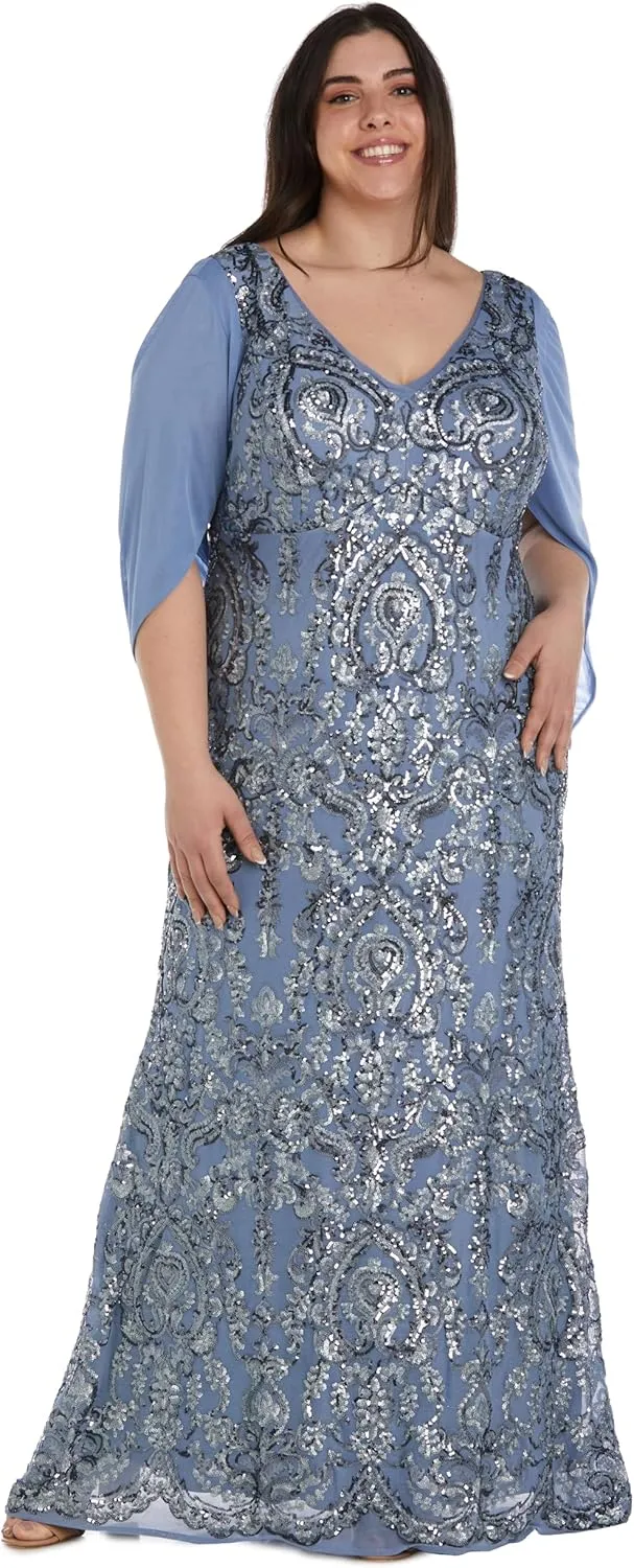 R&M Richards Elegant Beaded Long Gown W/Draped Sleeves & V-Neckline
