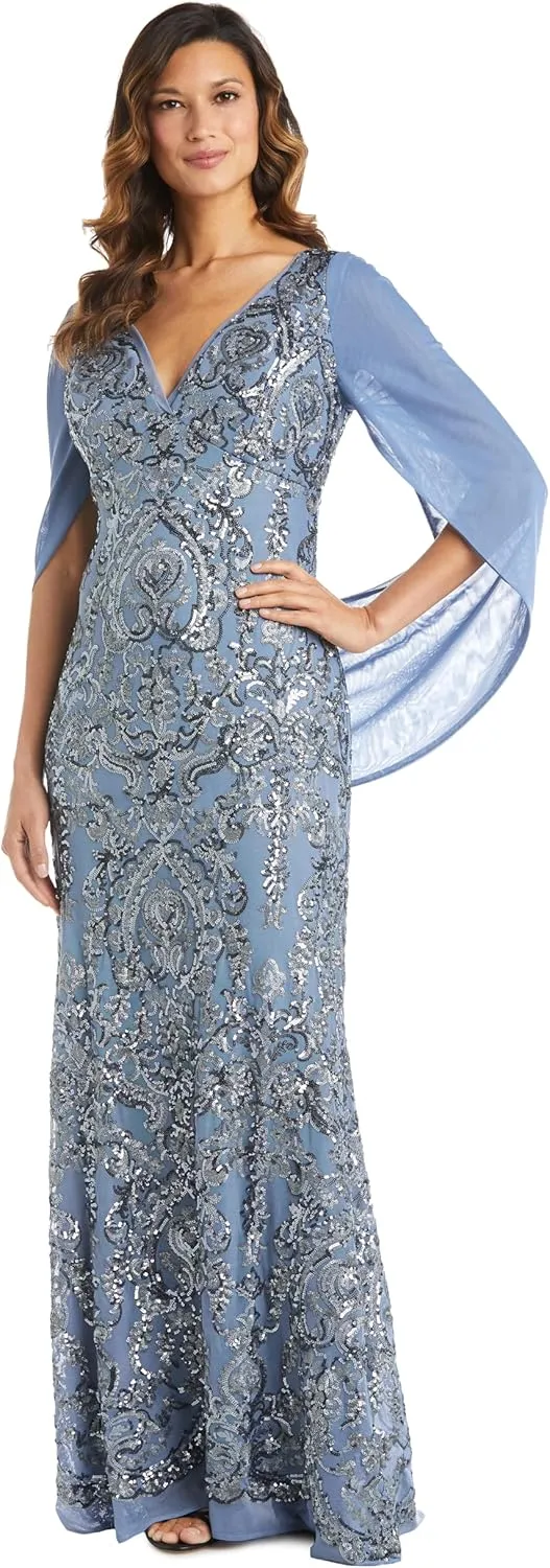 R&M Richards Elegant Beaded Long Gown W/Draped Sleeves & V-Neckline
