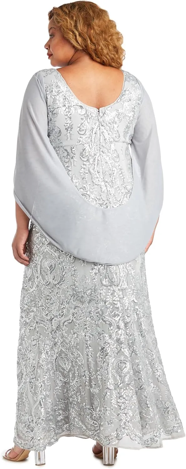 R&M Richards Elegant Beaded Long Gown W/Draped Sleeves & V-Neckline