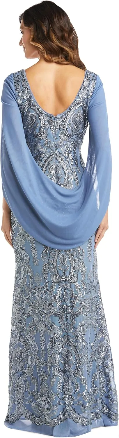 R&M Richards Elegant Beaded Long Gown W/Draped Sleeves & V-Neckline