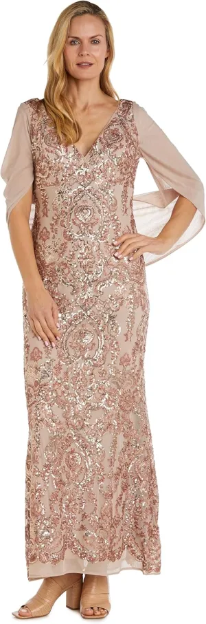 R&M Richards Elegant Beaded Long Gown W/Draped Sleeves & V-Neckline