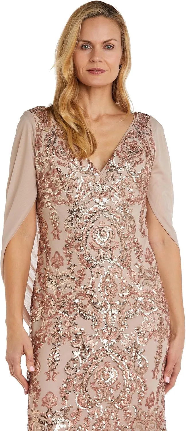 R&M Richards Elegant Beaded Long Gown W/Draped Sleeves & V-Neckline
