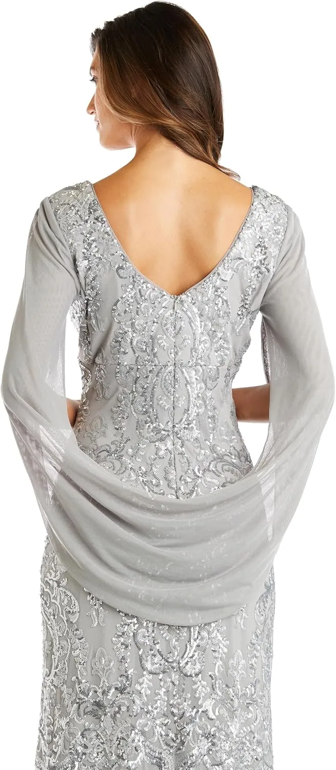 R&M Richards Elegant Beaded Long Gown W/Draped Sleeves & V-Neckline