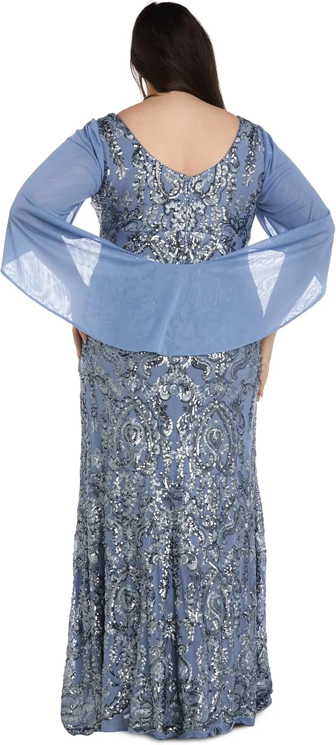 R&M Richards Elegant Beaded Long Gown W/Draped Sleeves & V-Neckline