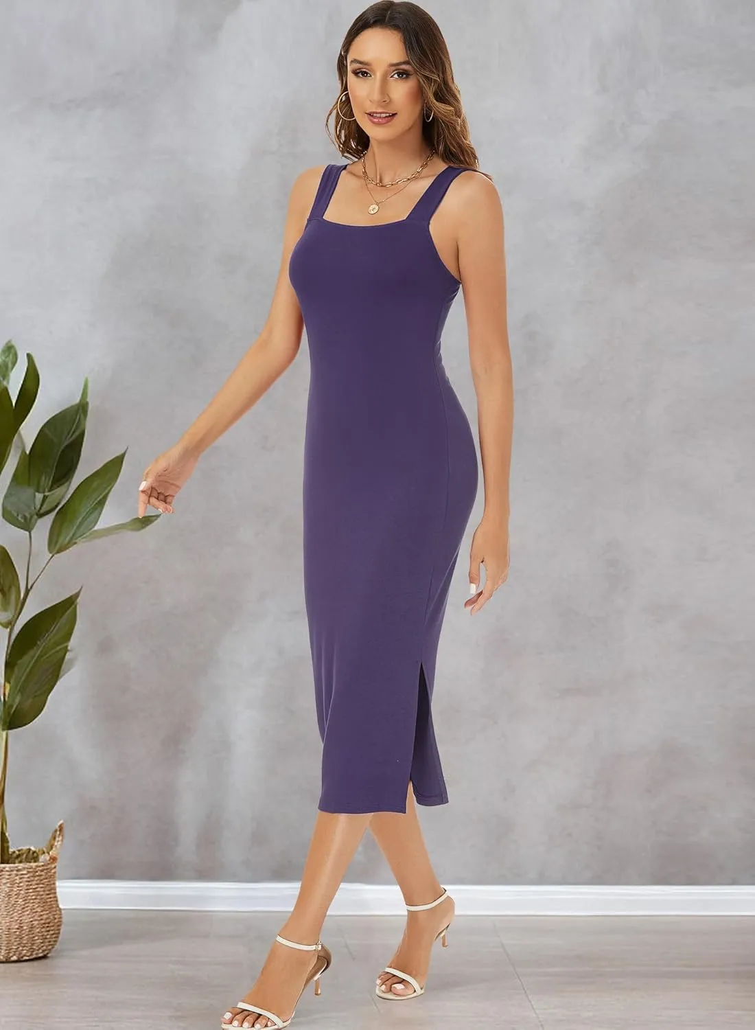 RANPHEE Womens Summer Sleeveless Bodycon Midi Dress Square Neck Side Slit Tank Casual Party Dresses