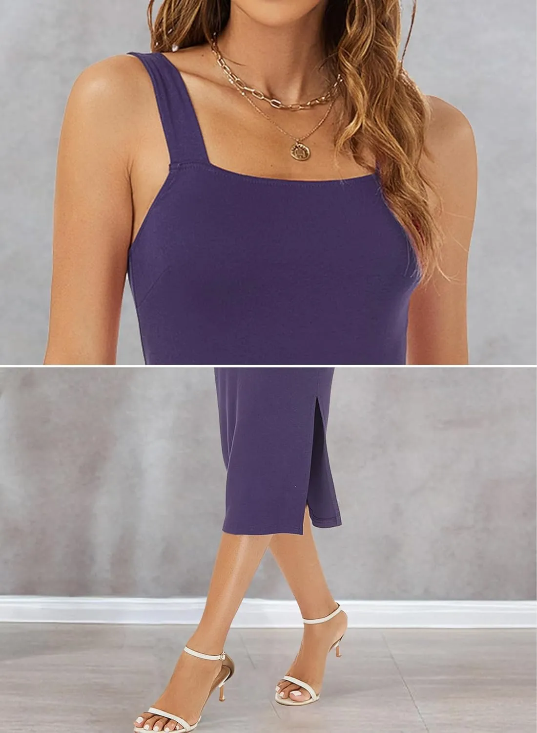 RANPHEE Womens Summer Sleeveless Bodycon Midi Dress Square Neck Side Slit Tank Casual Party Dresses