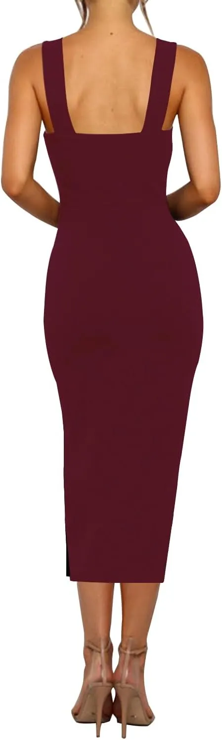 RANPHEE Womens Summer Sleeveless Bodycon Midi Dress Square Neck Side Slit Tank Casual Party Dresses