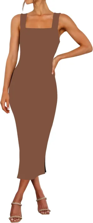 RANPHEE Womens Summer Sleeveless Bodycon Midi Dress Square Neck Side Slit Tank Casual Party Dresses