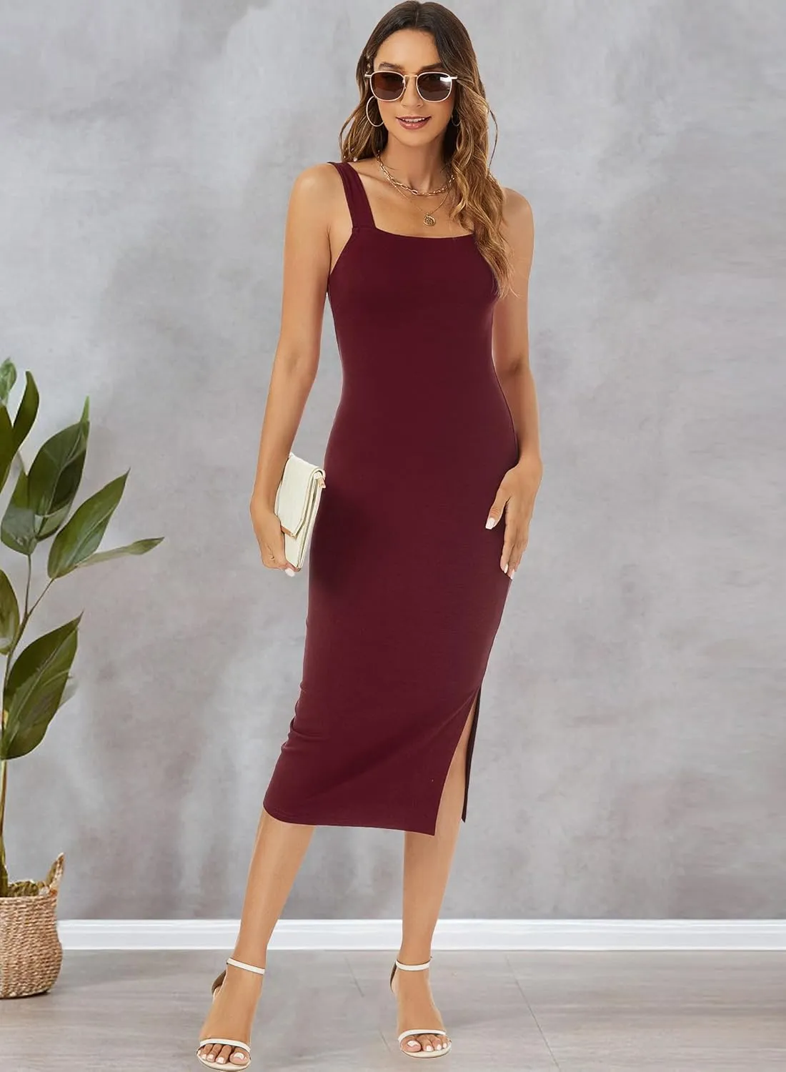 RANPHEE Womens Summer Sleeveless Bodycon Midi Dress Square Neck Side Slit Tank Casual Party Dresses