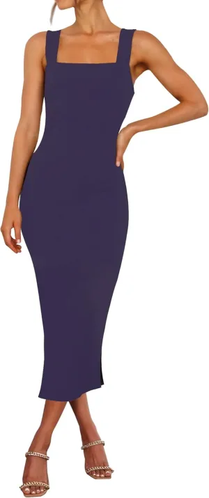 RANPHEE Womens Summer Sleeveless Bodycon Midi Dress Square Neck Side Slit Tank Casual Party Dresses
