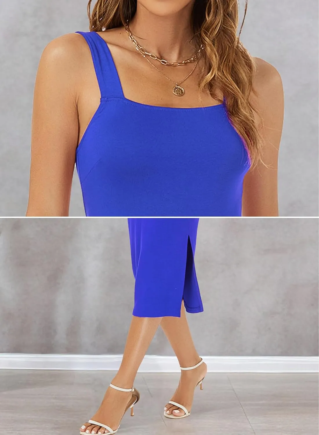 RANPHEE Womens Summer Sleeveless Bodycon Midi Dress Square Neck Side Slit Tank Casual Party Dresses