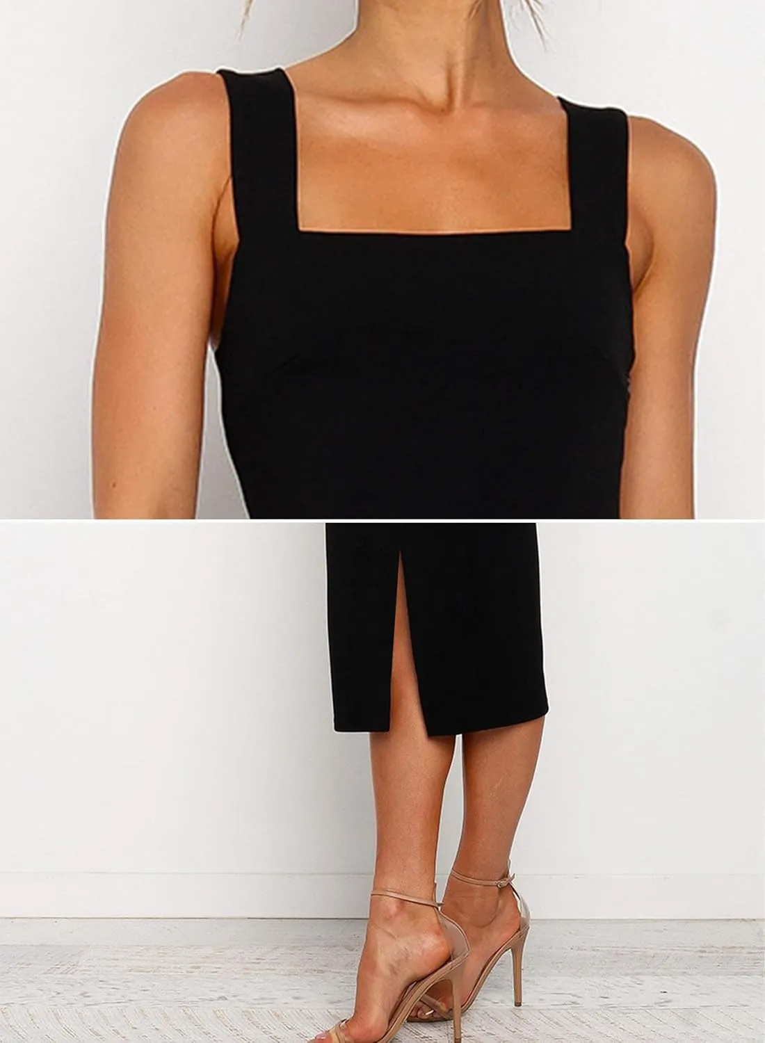RANPHEE Womens Summer Sleeveless Bodycon Midi Dress Square Neck Side Slit Tank Casual Party Dresses
