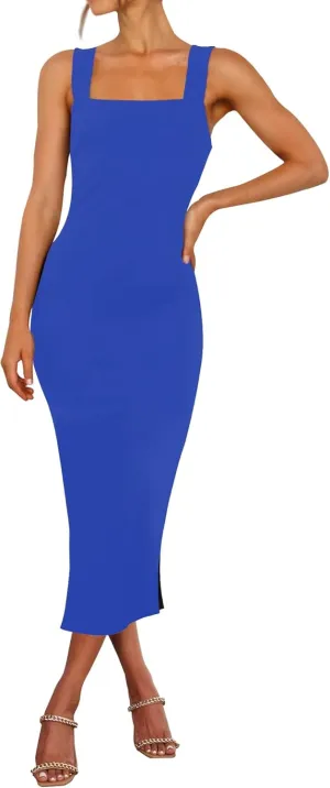 RANPHEE Womens Summer Sleeveless Bodycon Midi Dress Square Neck Side Slit Tank Casual Party Dresses