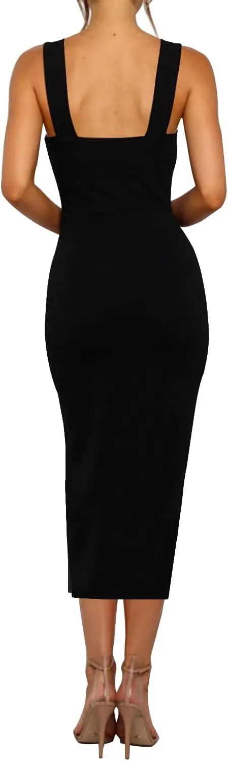 RANPHEE Womens Summer Sleeveless Bodycon Midi Dress Square Neck Side Slit Tank Casual Party Dresses