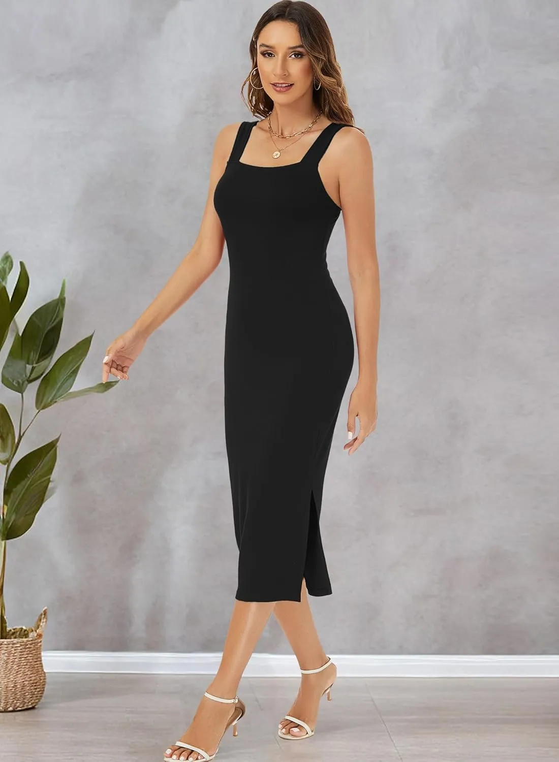 RANPHEE Womens Summer Sleeveless Bodycon Midi Dress Square Neck Side Slit Tank Casual Party Dresses