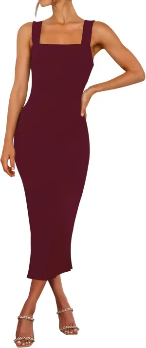 RANPHEE Womens Summer Sleeveless Bodycon Midi Dress Square Neck Side Slit Tank Casual Party Dresses