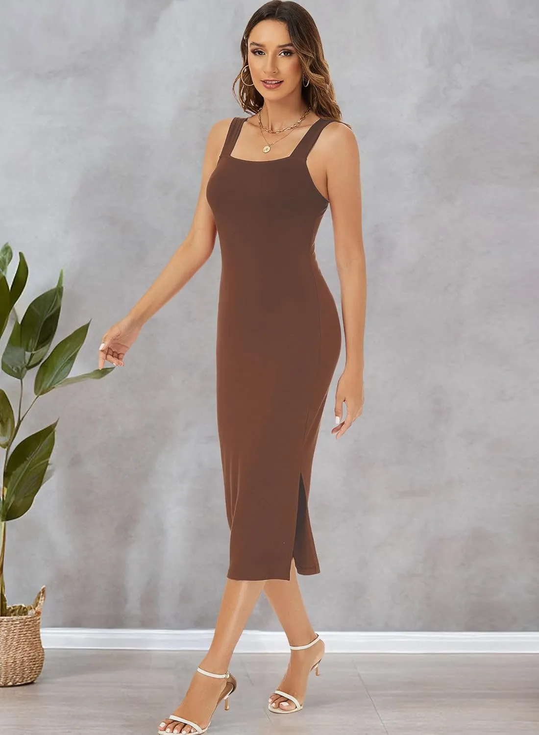 RANPHEE Womens Summer Sleeveless Bodycon Midi Dress Square Neck Side Slit Tank Casual Party Dresses