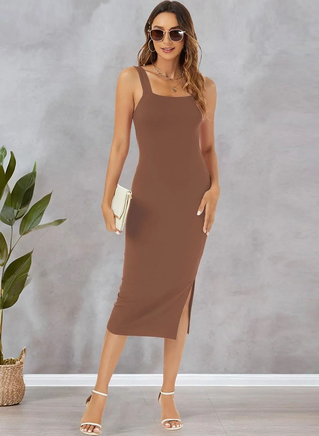 RANPHEE Womens Summer Sleeveless Bodycon Midi Dress Square Neck Side Slit Tank Casual Party Dresses