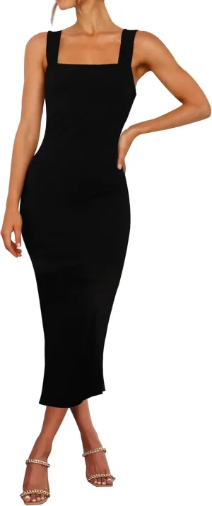RANPHEE Womens Summer Sleeveless Bodycon Midi Dress Square Neck Side Slit Tank Casual Party Dresses
